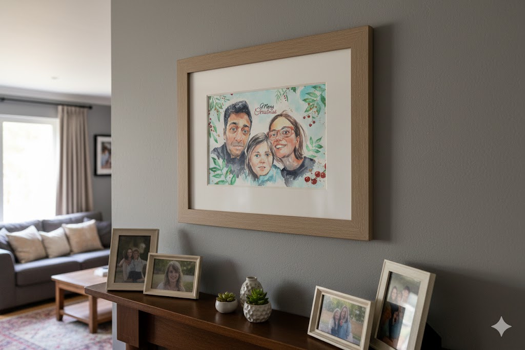 Framed custom watercolour portrait displayed in a family home — Nib & Brush commission