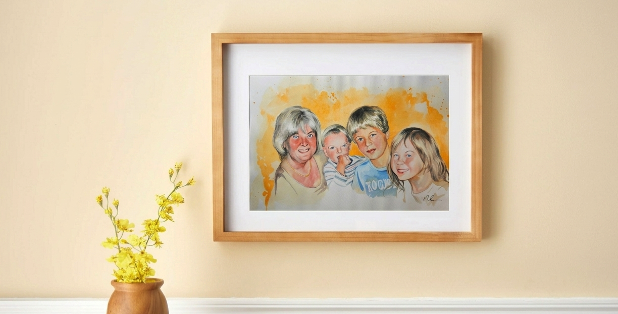 Framed watercolour portrait